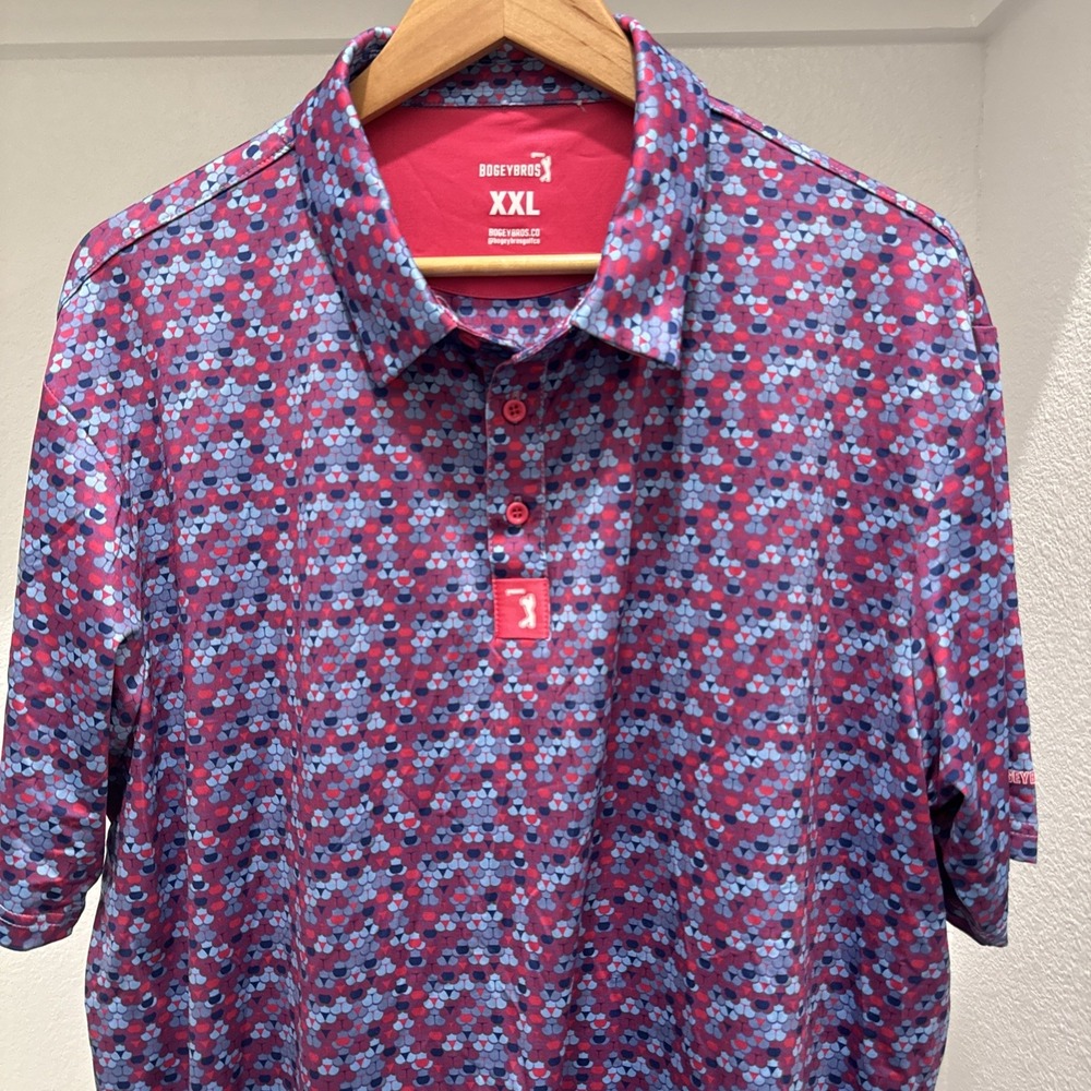 BogeyBros Polo Shirt Mens 2XL Purple Blue Geometric Golf Performance Stretch